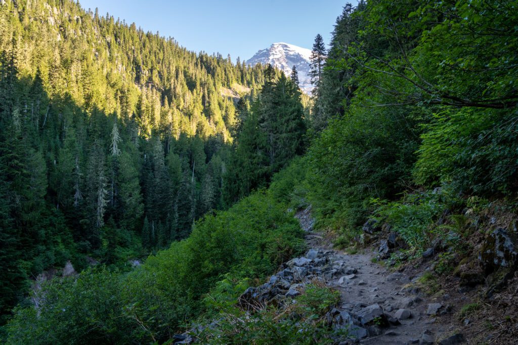 Hiking the Comet Falls Trail with a peekaboo view of Mount Rainier